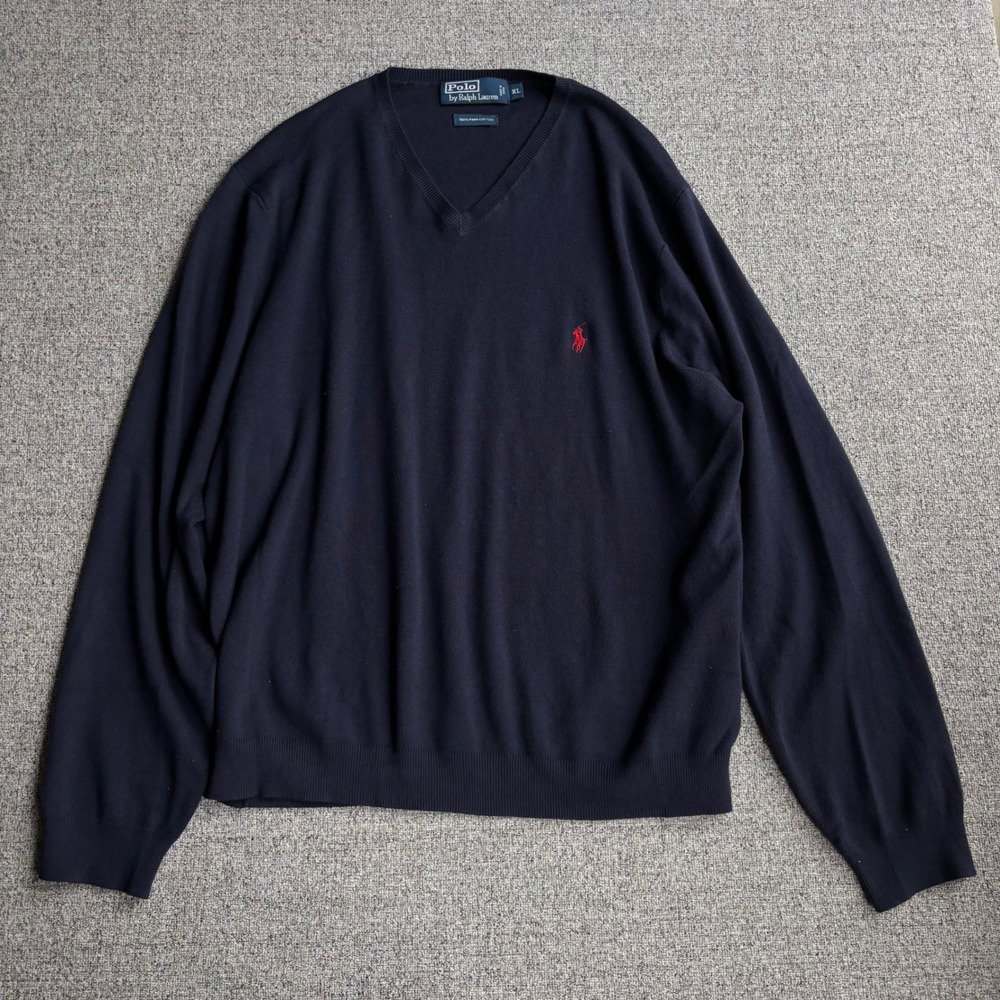 Polo Ralph Lauren Sweater Mens XL V-Neck Navy Blue Pima Cotton Red Pony Logo